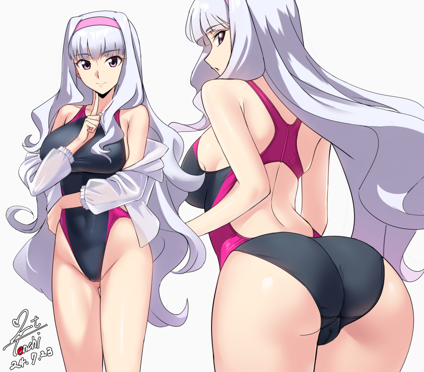 ass back breasts cameltoe cleft_of_venus commission competition_swimsuit female hairband highres idolmaster idolmaster_(classic) long_hair looking_at_viewer one-piece_swimsuit pink_hairband pixiv_commission purple_eyes shijou_takane solo swimsuit thighs white_background white_hair yoo_tenchi