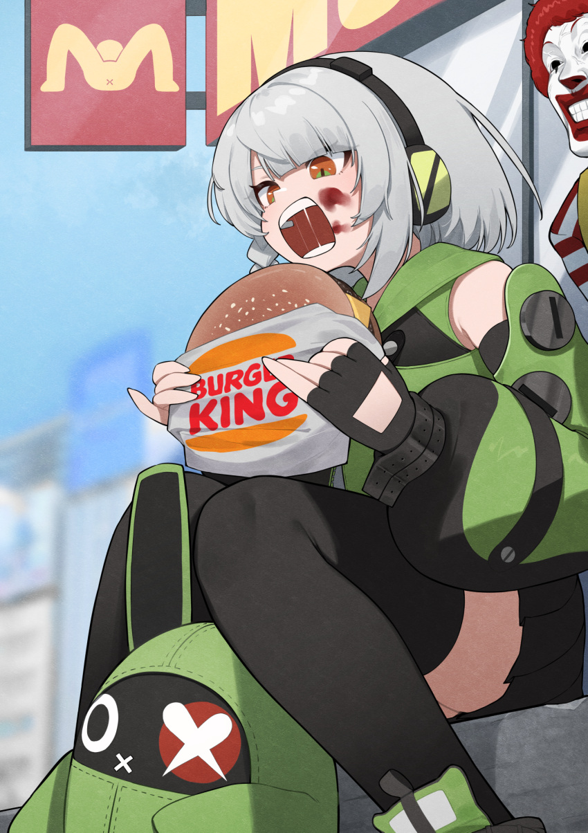 amillion_(zenless_zone_zero) anby_demara black_headphones black_skirt black_thighhighs blood blood_on_face brand_name_imitation burger burger_king female fingerless_gloves flasso food gloves green_jacket green_sleeves highres holding holding_burger holding_food jacket long_sleeves open_mouth orange_eyes pleated_skirt puffy_long_sleeves puffy_sleeves ronald_mcdonald sitting skirt sleeveless sleeveless_jacket solo thighhighs two-tone_sleeves zenless_zone_zero