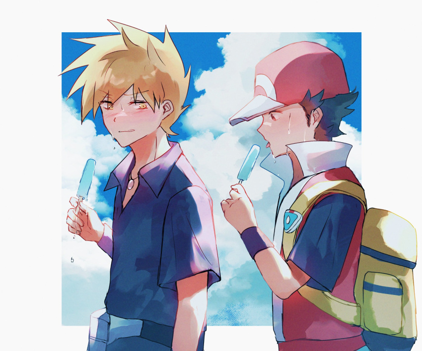 2boys backpack bag blonde_hair blue_oak blush border cloud collared_shirt commentary_request day dripping fanny_pack food hat highres hot jewelry male_focus multiple_boys necklace outdoors parted_lips pokemon pokemon_frlg popsicle red_(pokemon) red_hat red_vest shirt shiruko_(s1ruko) short_hair short_sleeves sky sweat t-shirt tongue tongue_out vest vs_seeker white_border wristband yellow_bag