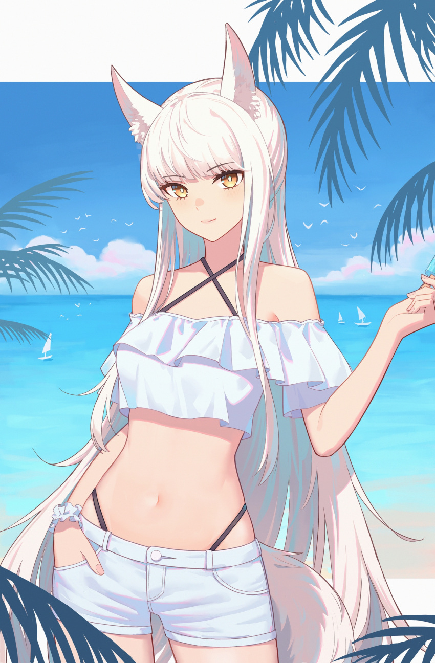 absurdres animal_ear_fluff animal_ears arknights bare_shoulders beach cowboy_shot dhsl female hand_in_pocket highres horse_ears horse_girl horse_tail long_hair looking_at_viewer navel off-shoulder_shirt off_shoulder platinum_(arknights) shirt shorts solo tail water white_hair white_shirt white_shorts yellow_eyes