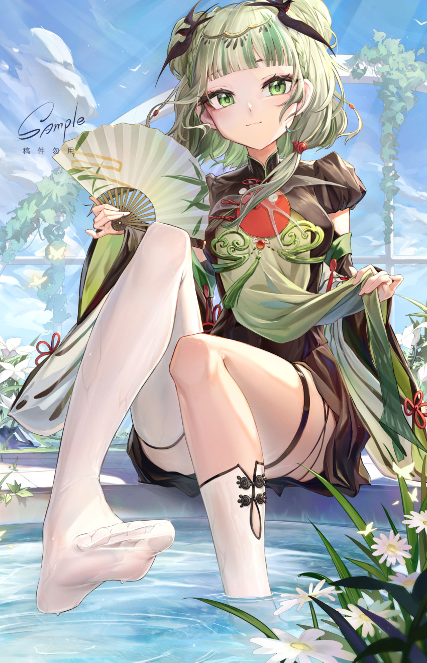 asymmetrical_legwear blunt_bangs breasts chinese_clothes closed_mouth clothes_lift commission detached_sleeves dress feet female flower folding_fan foot_out_of_frame green_eyes green_hair hair_ornament hand_fan highres holding holding_fan legs looking_at_viewer multicolored_hair no_shoes original outdoors qiaogun_damodao signature single_sock single_thighhigh sitting sky soaking_feet socks soles solo thigh_strap thighhighs thighs toes water white_thighhighs