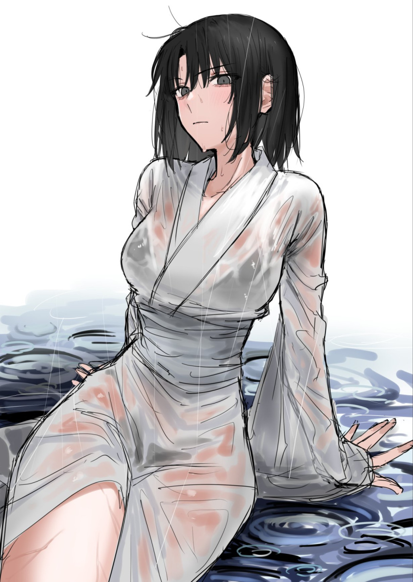 arm_support black_eyes black_hair commentary egomeshi female highres japanese_clothes juban kara_no_kyoukai kimono rain ryougi_shiki short_hair sitting solo water wet wet_clothes wet_hair wet_kimono white_kimono