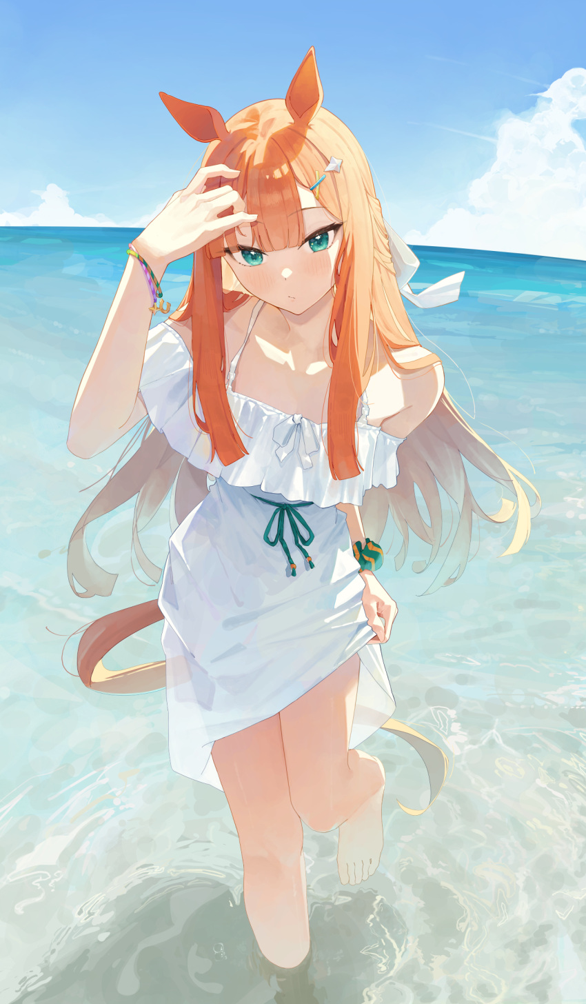 alternate_costume animal_ears bare_shoulders barefoot blue_sky cloud commentary_request day dress female green_scrunchie hair_ornament hairclip highres horse_ears horse_girl horse_tail long_hair looking_at_viewer ningen_gokko ocean orange_hair outdoors scrunchie silence_suzuka_(umamusume) sky solo standing standing_on_one_leg sundress tail toes umamusume white_dress wrist_scrunchie