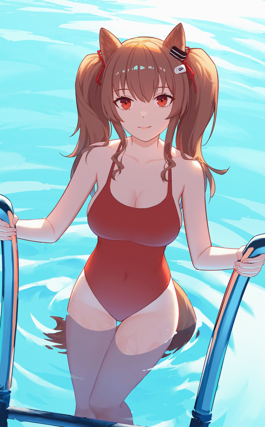 absurdres angelina_(arknights) angelina_(summer_flower)_(arknights) animal_ears arknights bare_shoulders breasts brown_hair casual_one-piece_swimsuit dhsl feet_out_of_frame female fox_ears fox_girl fox_tail hair_ornament highres looking_at_viewer official_alternate_costume one-piece_swimsuit red_eyes red_one-piece_swimsuit ribbon smile solo swimsuit tail twintails water