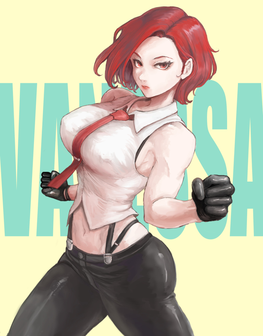 black_gloves black_pants breasts clenched_hands english_text female gloves highres looking_at_viewer mayonakadays necktie pants red_eyes short_hair the_king_of_fighters vanessa_(kof)