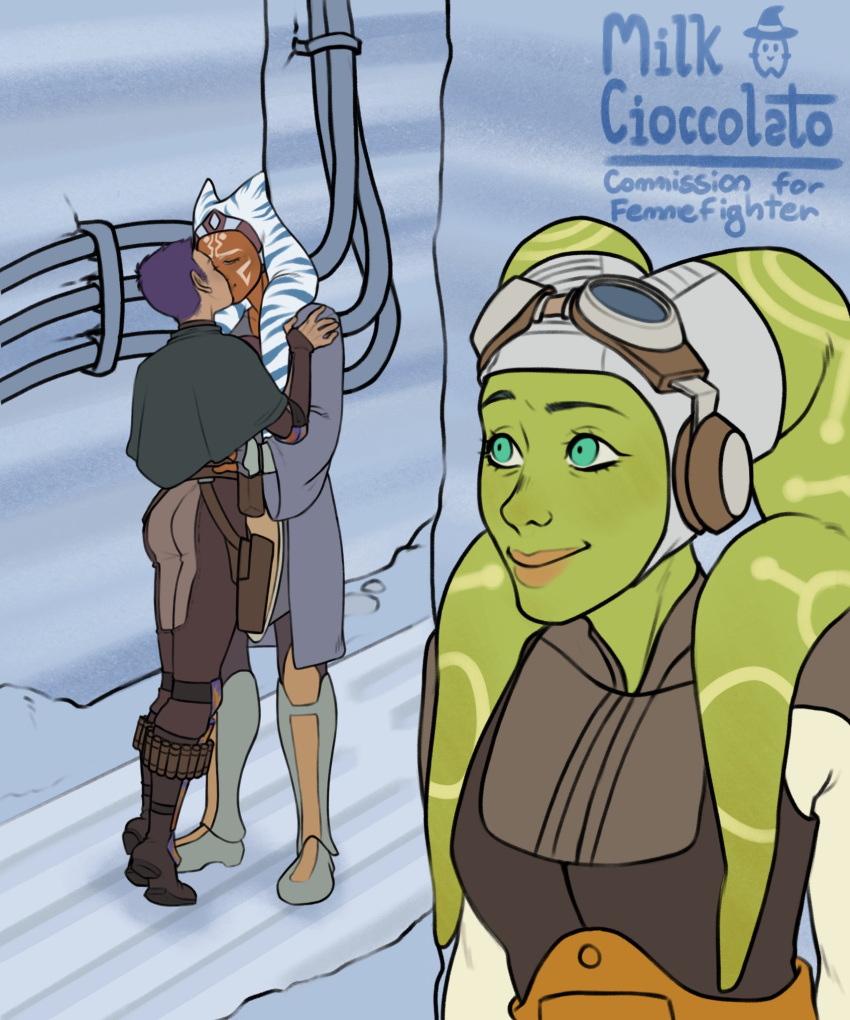 ahsoka_tano alien boots breasts female female/female green_body green_skin group hair hera_syndulla hi_res human humanoid kissing lekku_(anatomy) mammal milk_cioccolato purple_hair sabine_wren short_hair smile star_wars star_wars_rebels togruta trio twi'lek