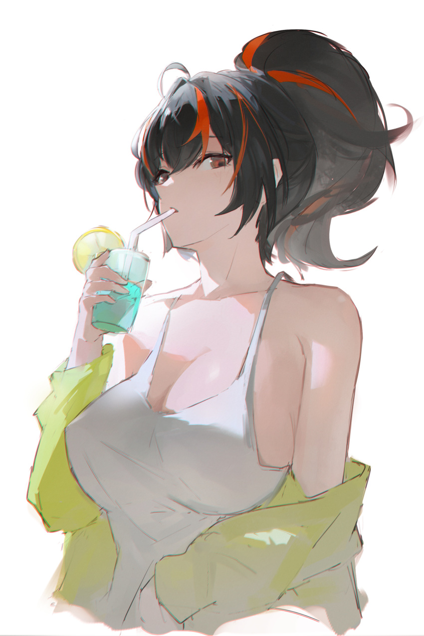 absurdres alternate_costume bad_id bad_pixiv_id black_hair breasts camisole commentary cropped_torso cup drinking drinking_straw drinking_straw_in_mouth female hand_up highres holding holding_cup jacket large_breasts looking_at_viewer looking_to_the_side off_shoulder ponytail red_eyes simple_background solo white_background white_camisole yellow_jacket yingmusang-l1f zenless_zone_zero zhu_yuan