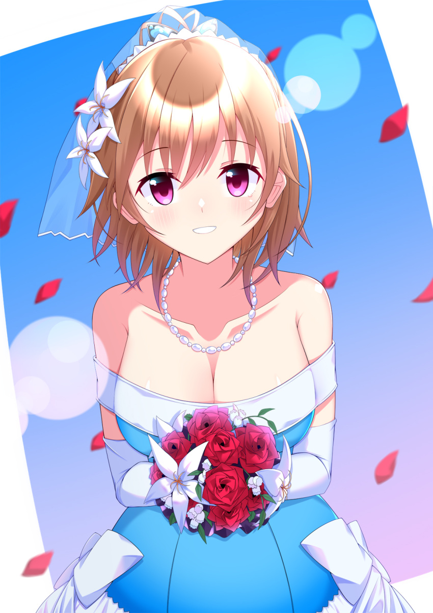 :d bare_shoulders blue_background blue_dress blush bouquet breasts bridal_veil bride brown_hair cleavage collarbone commentary cowboy_shot dress elbow_gloves falling_petals female floating_hair flower gloves hair_between_eyes hair_flower hair_ornament happy hapymaher highres holding holding_bouquet jewelry large_breasts looking_at_viewer mate_(oktavia1121) necklace off-shoulder_dress off_shoulder pearl_necklace petals purple_eyes red_flower red_rose rose rose_petals short_hair simple_background sleeveless sleeveless_dress smile solo straight-on toriumi_yuuko veil wedding_dress white_flower white_gloves white_lily