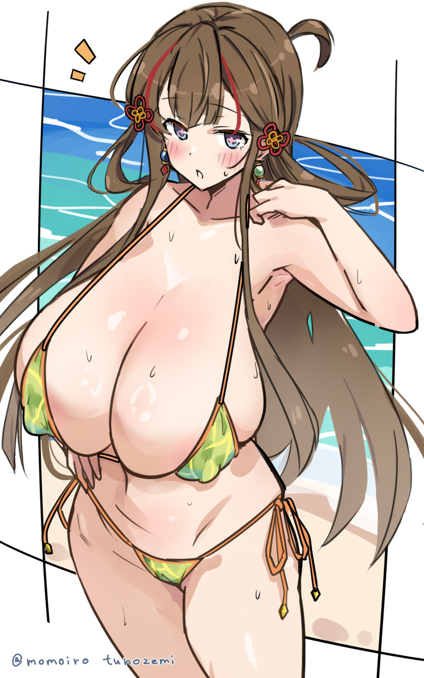 +_+ beach bikini blush breasts brown_hair chinese_knot commission commissioner_upload covered_nipples crested_ibis earrings female flower-shaped_pupils hair_ornament hair_rings hairpin highres huge_breasts jewelry long_hair looking_at_viewer melon_print micro_bikini mismatched_earrings momoiro_tunozemi multicolored_hair multiple_hairpins navel ocean pink_pupils red_hair revealing_clothes senran_kagura skeb_commission streaked_hair string_bikini swimsuit symbol-shaped_pupils toki_(senran_kagura) wet