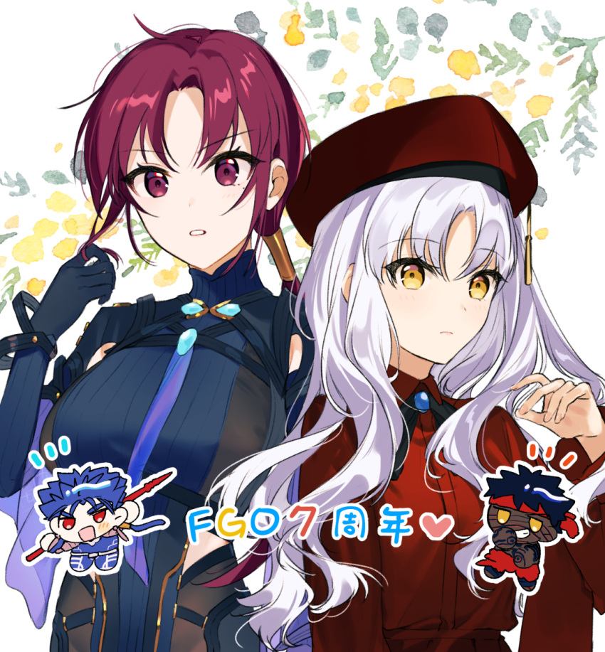 2boys 2girls angra_mainyu_(fate) anniversary armor bazett_fraga_mcremitz black_hair black_ribbon blue_bodysuit blue_hair blue_necktie blush bodysuit breasts brooch buttons caren_hortensia caren_hortensia_(amor_caren) caren_hortensia_(amor_caren)_(second_ascension) chibi commentary_request cu_chulainn_(fate) cu_chulainn_(fate/stay_night) dark-skinned_male dark_skin dress dress_shirt fate/grand_order fate/hollow_ataraxia fate/stay_night fate_(series) floral_background gae_bolg_(fate) hair_tubes hat headband highres holding holding_polearm holding_weapon jewelry large_breasts long_hair long_sleeves looking_at_viewer low_ponytail manannan_mac_lir_(fate) manannan_mac_lir_(second_ascension)_(fate) mini_person miniboy mole mole_under_eye multiple_boys multiple_girls neck_ribbon necktie parted_bangs polearm purple_eyes purple_hair red_dress red_eyes red_headband red_headwear ribbon rizu033 shirt short_hair shoulder_armor size_difference smile spear tattoo upper_body wavy_hair weapon white_background white_hair yellow_eyes