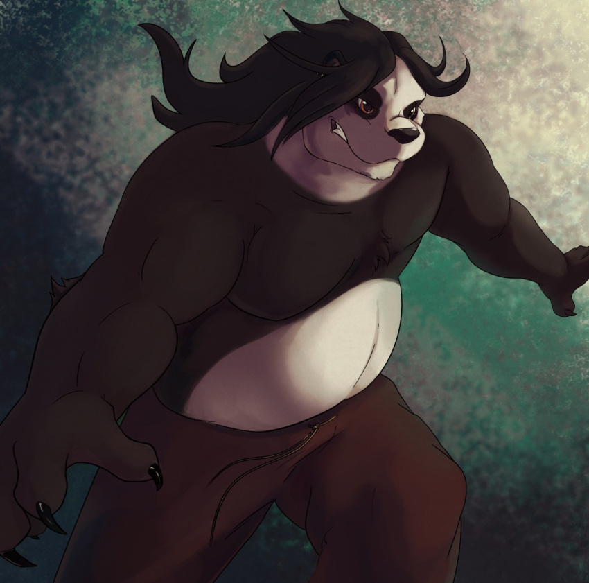 anthro bear black_body black_fur black_hair black_nose bottomwear brown_eyes carbontrap claws clothed clothing dragonnis featureless_chest fur giant_panda hair hi_res long_hair male mammal pants solo teeth topless vixmuyo white_body white_fur