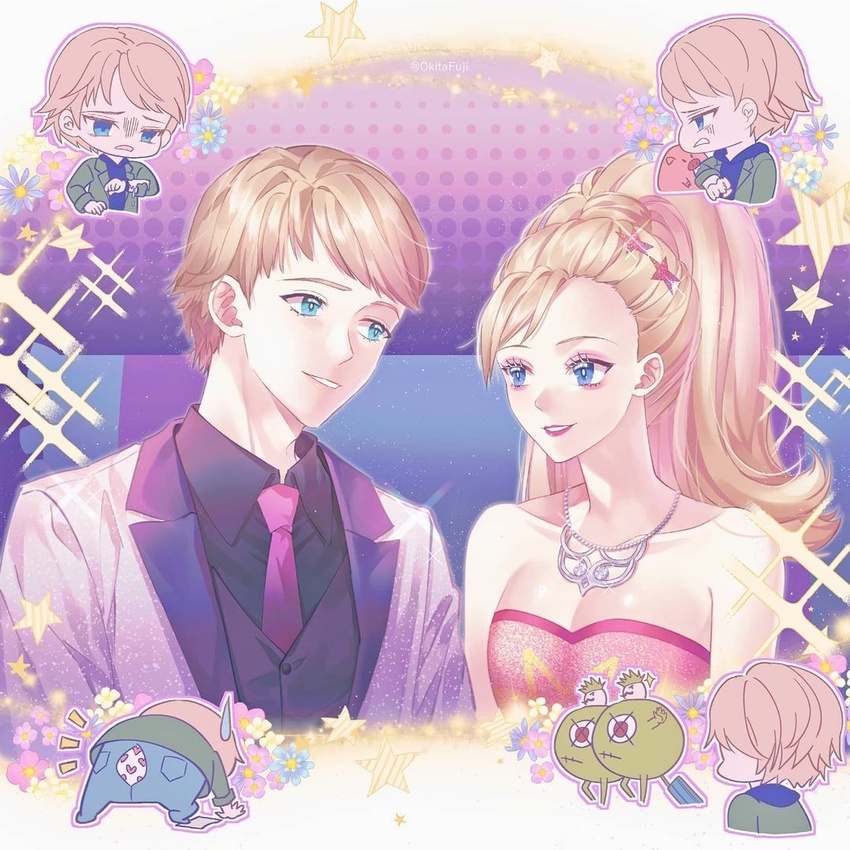 1boy barbie_(character) barbie_(franchise) barbie_a_fashion_fairytale barbie_movies blonde_hair blue_eyes border breasts chibi chibi_inset cleavage dress eye_contact female formal framed hair_ornament head_tilt high_ponytail ken_(barbie) large_breasts looking_at_another necktie okitafuji pink_dress ponytail smile sparkle stage stage_lights star_(symbol) star_hair_ornament straight strapless strapless_dress suit tuxedo