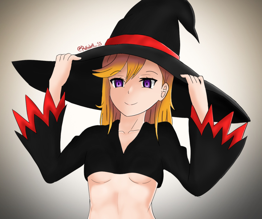 breasts closed_mouth collarbone crop_top female hat love_live! love_live!_superstar!! medium_hair midriff orange_hair purple_eyes roswell_ss self-upload shibuya_kanon small_breasts smile smug underboob witch witch_hat