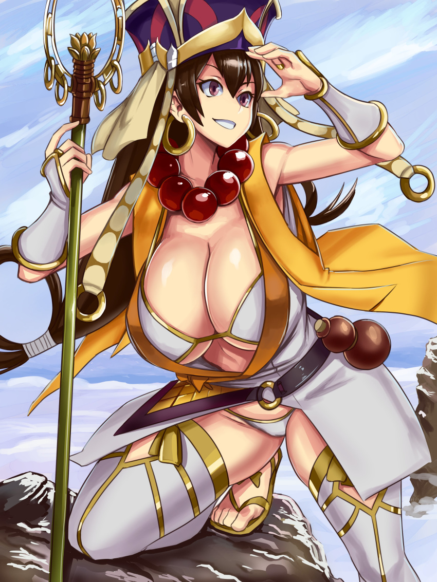 :d absurdres armpits bead_necklace beads bikini black_hair breasts bridal_gauntlets curvy earrings fate/grand_order fate_(series) female hair_between_eyes headpiece highres hoop_earrings huge_breasts jewelry long_hair looking_away necklace open_mouth outdoors prayer_beads purple_eyes shakujou smile solo staff standby swimsuit thick_thighs thighhighs thighs white_bikini white_thighhighs xuangzang_sanzang_(fate)