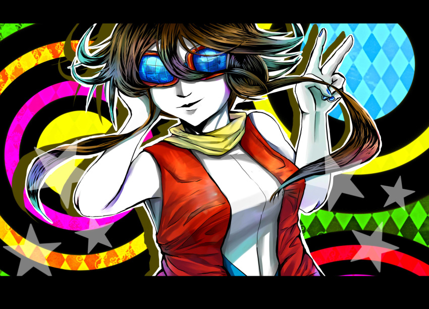 abstract_background azumikano blue_nails brown_hair colored_skin commentary_request facing_viewer female fingernails hair_between_eyes hand_in_own_hair highres letterboxed long_hair medium_hair multicolored_background pokemon pokemon_ranger pokemon_ranger_3 sleeveless solo star_(symbol) summer_(pokemon) sunglasses v white_skin