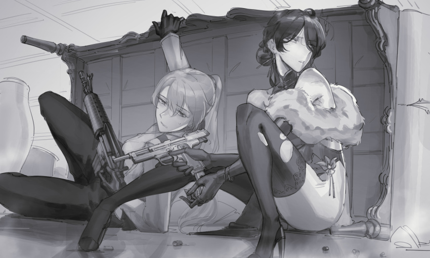 2girls absurdres bracelet dangodes dress elbow_gloves formal fur_trim gloves greyscale gun handgun high_heels highres jewelry monochrome multiple_girls original pants parted_lips ponytail rifle stiletto_heels taking_cover thighhighs trigger_discipline weapon