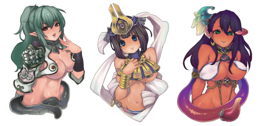 3girls ancient_princess_menace armor bad_id bad_pixiv_id bare_shoulders black_hair blue_eyes blunt_bangs bracelet bracer braid breasts choker covered_nipples cropped_torso crown dark-skinned_female dark_elf dark_skin dildo earrings echidna_(queen's_blade) egyptian egyptian_clothes elf french_braid green_hair headgear jewelry keltan large_breasts looking_at_viewer luna_luna_(queen's_blade) menace_(queen's_blade) multiple_girls navel o-ring o-ring_bottom open_mouth panties pauldrons pointy_ears ponytail queen's_blade queen's_blade_rebellion red_eyes revealing_clothes rocb sex_toy shawl short_hair shoulder_armor single_pauldron skindentation smile snake strap-on striped_clothes striped_panties sweat tan toned underboob underwear vambraces veteran_mercenary_echidna