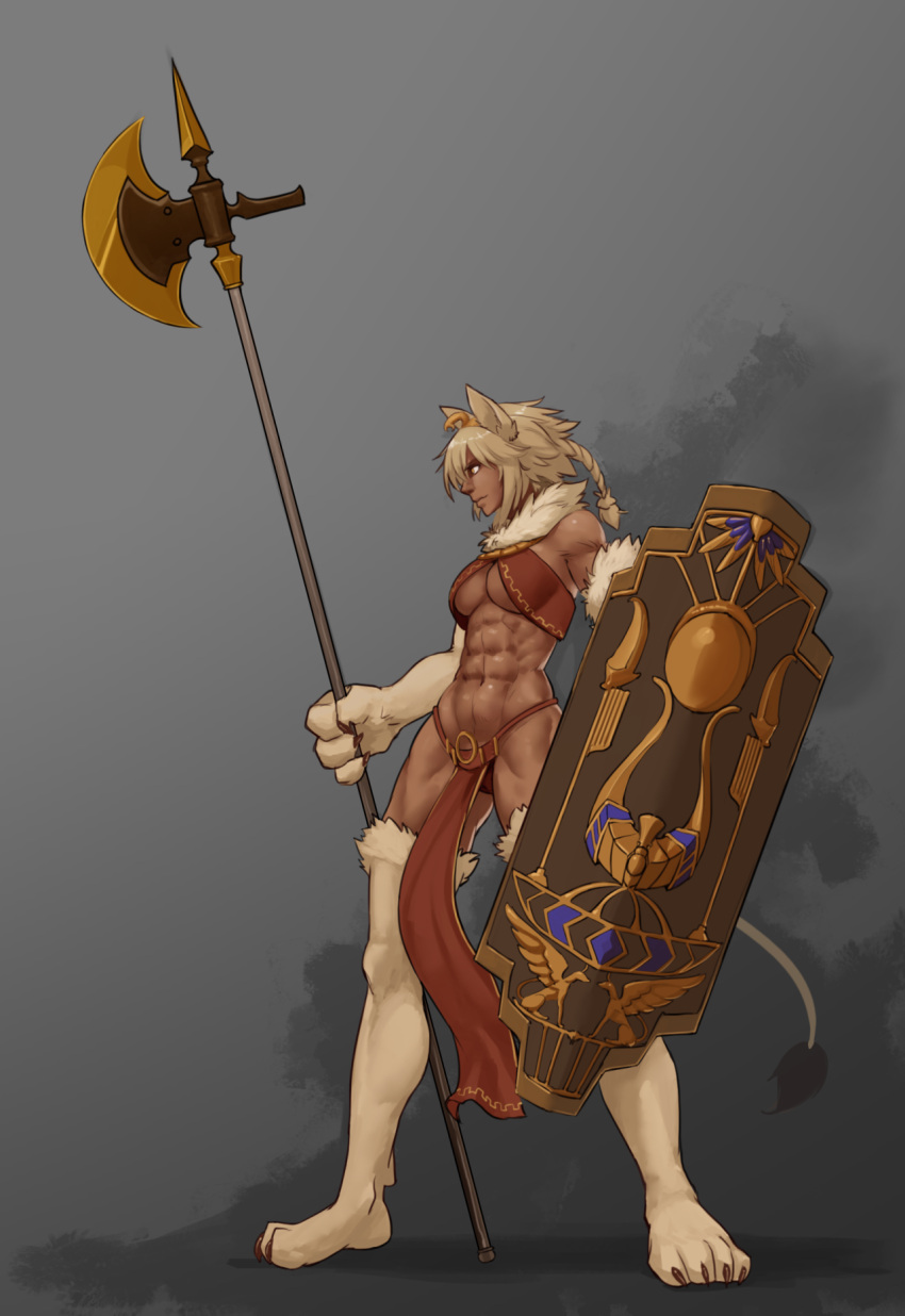 abs animal_ears animal_hands axe biceps blonde_hair braid breasts cat_ears claws dark-skinned_female dark_skin egyptian egyptian_clothes egyptian_mythology female full_body fur gold_trim hair_ornament halterneck highres jewelry large_breasts less lion_tail midriff monster_girl monster_girl_encyclopedia muscular muscular_female mythological_creature navel obliques original red_ribbon ribbon sekhmet_(mythology) shield solo spread_legs stomach tail tan thighs toned tower_shield weapon