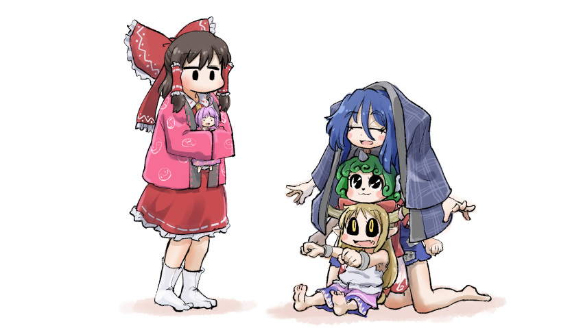 5girls ahoge aqua_hair ascot barefoot black_hair black_sclera blue_hair blush_stickers bow chamaji closed_eyes coat coat_on_head colored_sclera commentary cuffs curly_hair hair_tubes hairbow hakurei_reimu hanten_(clothes) highres holding_person horn_bow horn_ornament horn_ribbon horns human_tower ibuki_suika japanese_clothes kimono komainu komano_aunn long_hair mini_person minigirl multiple_girls nontraditional_miko oerba_yun_fang on_floor oni orange_ascot orange_hair pointy_ears red_shirt red_skirt ribbon ribbon-trimmed_clothes ribbon-trimmed_skirt ribbon_trim shackles shared_clothes shirt short_hair shorts sidelocks single_horn sitting skirt sleeveless smile socks stacking sukuna_shinmyoumaru touhou white_background white_legwear white_shorts yin_yang yin_yang_print yorigami_shion