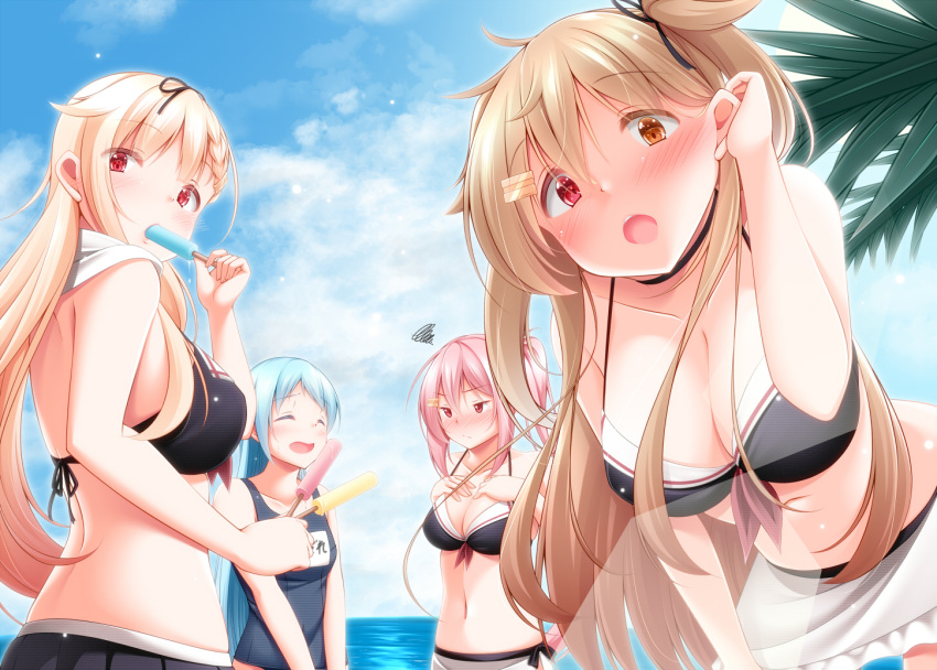 4girls beach bikini blonde_hair blue_hair blue_sky breast_envy breasts brown_eyes day hair_ornament hairpin harusame_(kancolle) heterochromia kantai_collection large_breasts light_brown_hair long_hair multiple_girls murasame_(kancolle) narukami_ginryuu outdoors pink_hair red_eyes samidare_(kancolle) school_swimsuit side_ponytail sky squiggle swimsuit very_long_hair yuudachi_(kancolle) yuudachi_kai_ni_(kancolle) yuudachi_kai_ni_(swimsuit)_(kancolle)