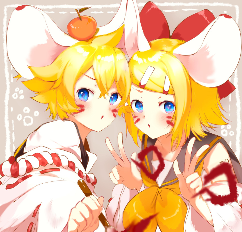 absurdres animal_ears bare_shoulders black_sailor_collar blonde_hair blue_eyes bow calligraphy_brush commentary detached_sleeves double_w food food_on_head fruit fruit_on_head hair_ornament hairbow hairclip hands_up heads_together highres holding holding_brush japanese_clothes kagamine_len kagamine_rin light_blush looking_at_viewer mandarin_orange medium_hair mouse_ears neckerchief object_on_head open_mouth oyamada_gamata paintbrush paw_print red_bow sailor_collar school_uniform shirt short_ponytail spiked_hair swept_bangs upper_body vocaloid w white_shirt white_sleeves wide_sleeves yellow_neckerchief