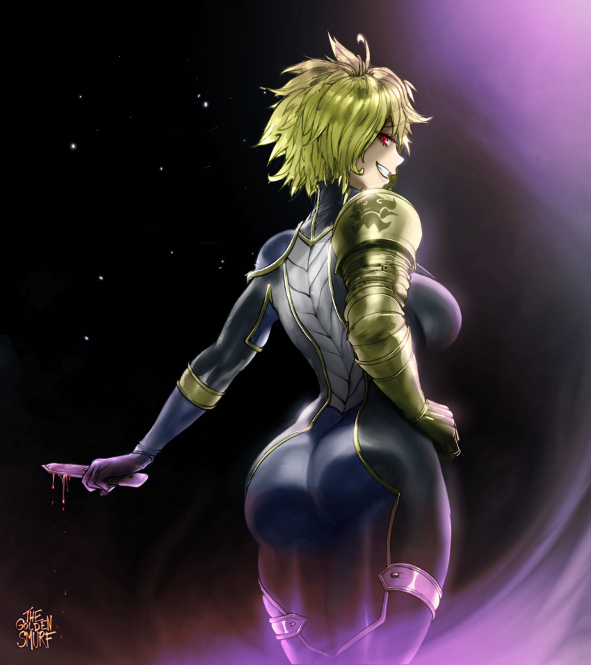 ass black_background blonde_hair blood blood_on_weapon bodysuit breasts cowboy_shot dimaria_yesta evil_smile fairy_tail female from_behind gauntlets grin hand_on_own_hip highres knife large_breasts red_eyes short_hair single_gauntlet skin_tight smile standing the_golden_smurf weapon