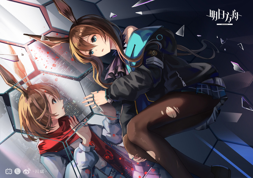 2girls amiya_(arknights) amiya_(fresh_fastener)_(arknights) animal_ears anjear_cc arknights bare_shoulders black_jacket black_legwear blue_eyes blue_jacket brown_hair dual_persona frills hair_between_eyes jacket jewelry long_hair long_sleeves looking_at_another lying medium_hair messy_hair miniskirt multiple_girls official_alternate_costume on_side pantyhose parted_lips plaid plaid_skirt pleated_skirt rabbit_ears red_scarf ring scarf sidelocks skirt torn_clothes torn_legwear wrist_cuffs