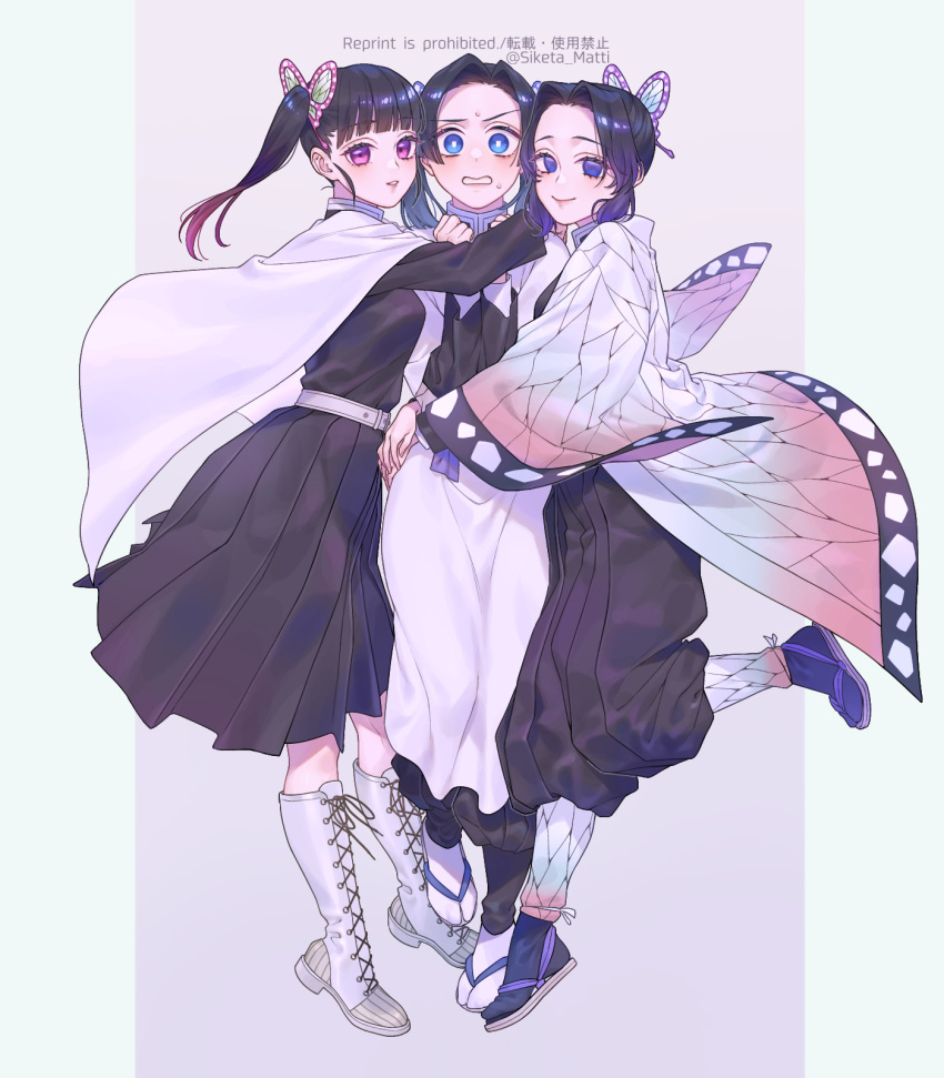 3girls belt black_hair blue_eyes boots butterfly_hair_ornament cape cross-laced_footwear demon_slayer_uniform full_body hair_ornament high-waist_pants high-waist_skirt highres hug kanzaki_aoi_(kimetsu_no_yaiba) kimetsu_no_yaiba knee_boots kochou_shinobu lace-up_boots looking_at_viewer mizuki_mau multiple_girls pants pleated_skirt purple_eyes sandals simple_background skirt tsuyuri_kanao twitter_username white_footwear