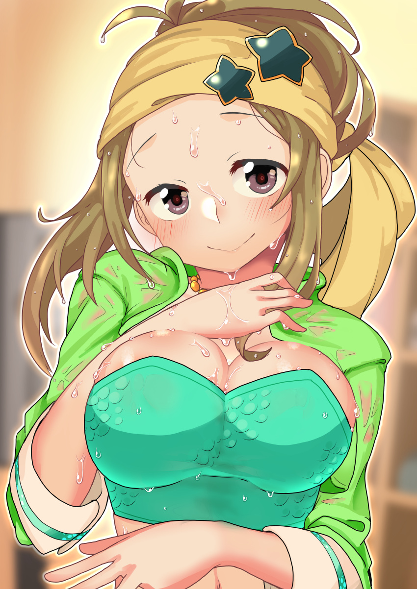 absurdres blurry blurry_background blush breasts brown_hair check_commentary collarbone commentary commentary_request costume crop_top dripping female forehead green_jacket hand_on_own_chest head_tilt highres idolmaster idolmaster_cinderella_girls jacket jewelry kurushima_gire large_breasts looking_at_viewer manabe_itsuki midriff_peek navel necklace open_clothes open_jacket purple_eyes sidelocks smile solo sweat sweaty_clothes very_sweaty wet wet_clothes wet_hair