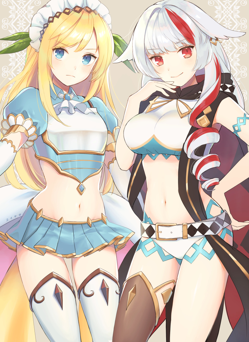 2girls absurdres belt blonde_hair blue_eyes blue_skirt boots breasts brown_footwear commentary_request cowboy_shot grey_hair hand_on_own_hip highres isolde_(monster_strike) kkokko large_breasts long_hair looking_at_viewer microskirt monster_strike multicolored_hair multiple_girls navel pleated_skirt red_eyes single_thigh_boot skirt smile streaked_hair thigh_boots white_footwear