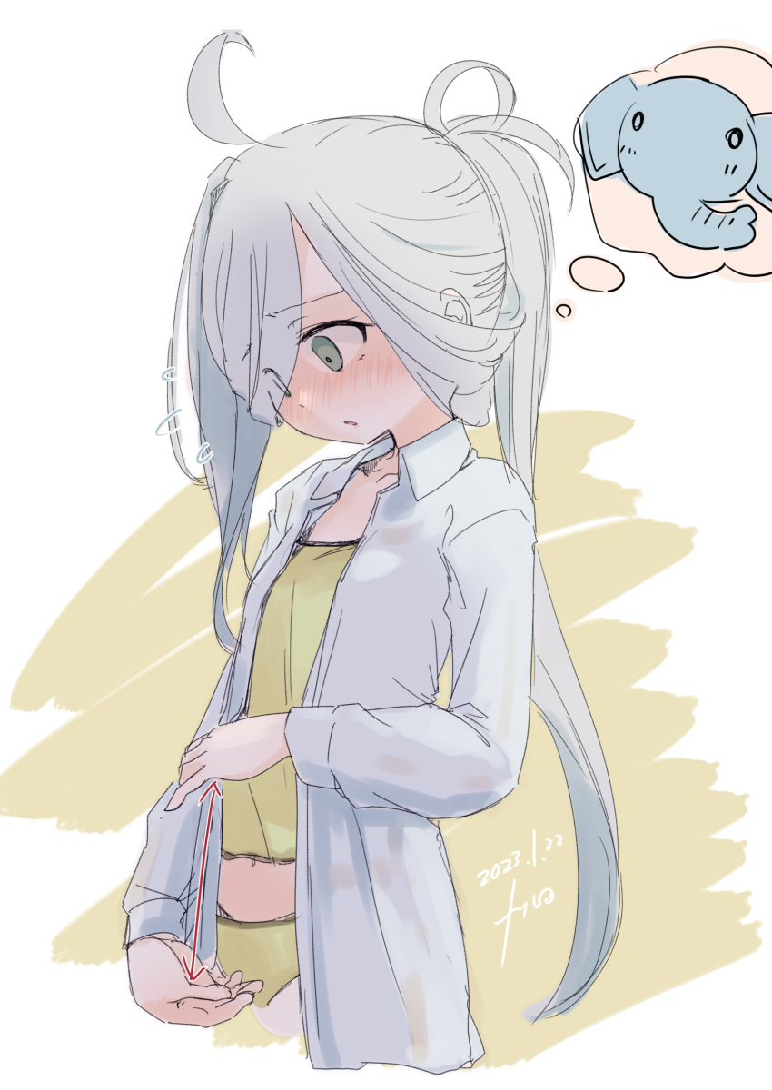 absurdres ahoge arrow_(symbol) asashimo_(kancolle) camisole collared_shirt commentary_request dress_shirt elephant female flying_sweatdrops fyuo grey_eyes grey_hair hair_over_one_eye highres kantai_collection long_hair looking_down one-hour_drawing_challenge open_clothes open_shirt panties penis_measuring ponytail shirt solo underwear white_shirt yellow_camisole yellow_panties