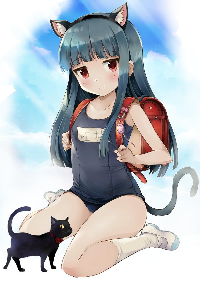 animal_ear_fluff animal_ears backpack bag black_cat black_hair blue_one-piece_swimsuit blunt_bangs cat_ears cat_tail crime_prevention_buzzer fake_animal_ears fake_tail feline female highres idolmaster idolmaster_cinderella_girls kneehighs long_hair name_tag one-piece_swimsuit pero_(idolmaster_cinderella_girls) randoseru red_eyes sajo_yukimi school_swimsuit shoes sitting smile socks solo swimsuit tail thighs white_footwear white_socks xtw4csdj8vwbb7s