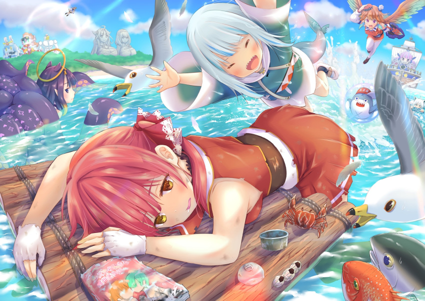 6+girls ahoge amane_kanata angel bare_shoulders bird bloop_(gawr_gura) closed_eyes commentary_request crab cropped_jacket day drooling facing_another feathered_wings fingerless_gloves fish flying gawr_gura gawr_gura_(1st_costume) gloves gold_trim hair_ribbon heterochromia hololive hololive_english houshou_marine houshou_marine_(1st_costume) jacket kiryu_coco long_hair long_sleeves looking_at_another looking_away mikochar minato_aqua miniskirt multiple_girls ninomae_ina'nis ocean open_mouth outdoors partially_fingerless_gloves pekodam pleated_skirt raft red_eyes red_hair red_jacket red_ribbon red_skirt ribbon seagull shark_girl shirakami_fubuki shirogane_noel skirt sleeveless sleeveless_jacket statue subangelion sweatdrop takanashi_kiara tarunyan torn_clothes twintails virtual_youtuber white_gloves wide_sleeves wings yellow_eyes