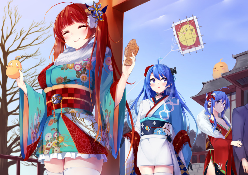 1boy 3girls :t ahoge alternate_costume animal azur_lane bare_tree bird black_gloves blue_eyes blue_hair blue_kimono blue_sky blush breasts checkered_sash chick cleavage closed_eyes closed_mouth commentary_request day eating floral_print food frilled_kimono frills gloves hair_between_eyes helena_(azur_lane) helena_(new_year's_bluebird)_(azur_lane) highres honolulu_(among_the_stalls)_(azur_lane) honolulu_(azur_lane) irohara japanese_clothes kimono kite long_hair manjuu_(azur_lane) medium_breasts multiple_girls obi official_alternate_costume out_of_frame outdoors print_kimono purple_eyes red_hair red_kimono sash short_kimono sky st._louis_(azur_lane) st._louis_(spirits_in_the_snow)_(azur_lane) taiyaki thighhighs torii tree very_long_hair wagashi white_kimono white_thighhighs