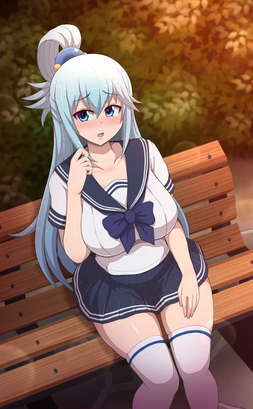 absurdres alternate_costume aqua_(konosuba) bench blue_bow blue_bowtie blue_eyes blue_hair blue_skirt bow bowtie breasts contemporary female hair_ornament hair_rings highres kono_subarashii_sekai_ni_shukufuku_wo! large_breasts long_hair miniskirt park_bench pleated_skirt ponponmaru school_uniform serafuku short_sleeves single_hair_ring sitting skirt solo thighhighs white_thighhighs