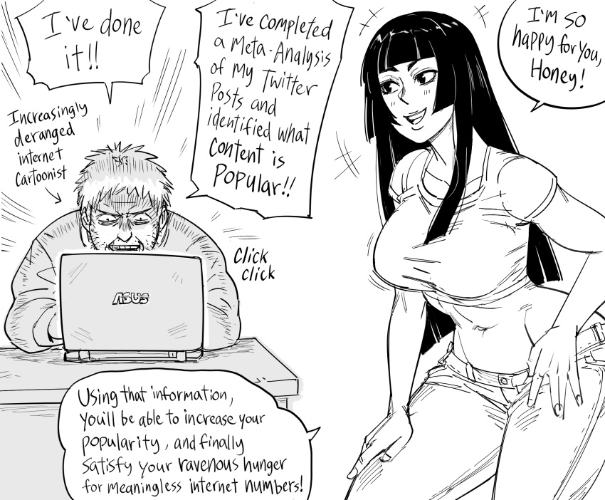 1boy artist_self-insert asus bb_(baalbuddy) breasts commentary computer crop_top cropped_shirt denim desk english_commentary english_text facial_hair female greyscale hand_on_own_hip hand_on_own_leg highres hime_cut hime_cut_wife_(baalbuddy) jeans laptop large_breasts long_hair monochrome original pants plunging_neckline simple_background sitting speech_bubble stubble tank_top white_background