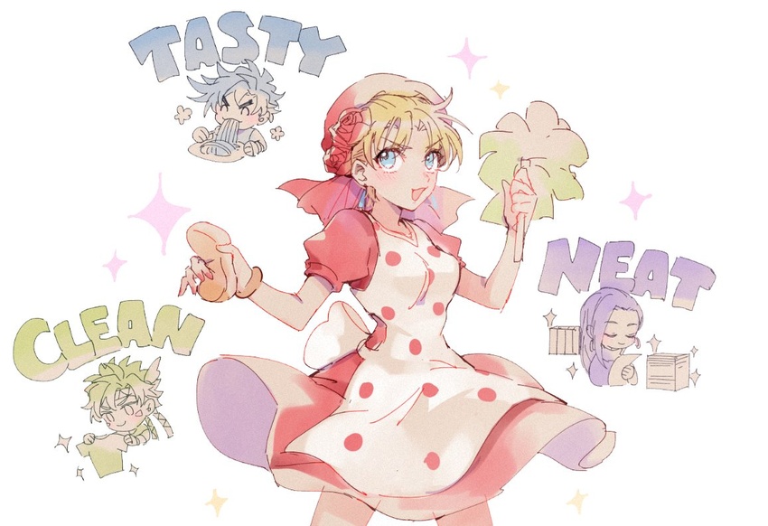 2boys 2girls apron bandana battle_tendency blonde_hair blue_eyes caesar_anthonio_zeppeli chibi dress duster earrings food huan_li jewelry jojo_no_kimyou_na_bouken joseph_joestar joseph_joestar_(young) lisa_lisa multiple_boys multiple_girls paper_stack pasta polka_dot polka_dot_apron red_dress shirt spaghetti sponge suzi_q t-shirt