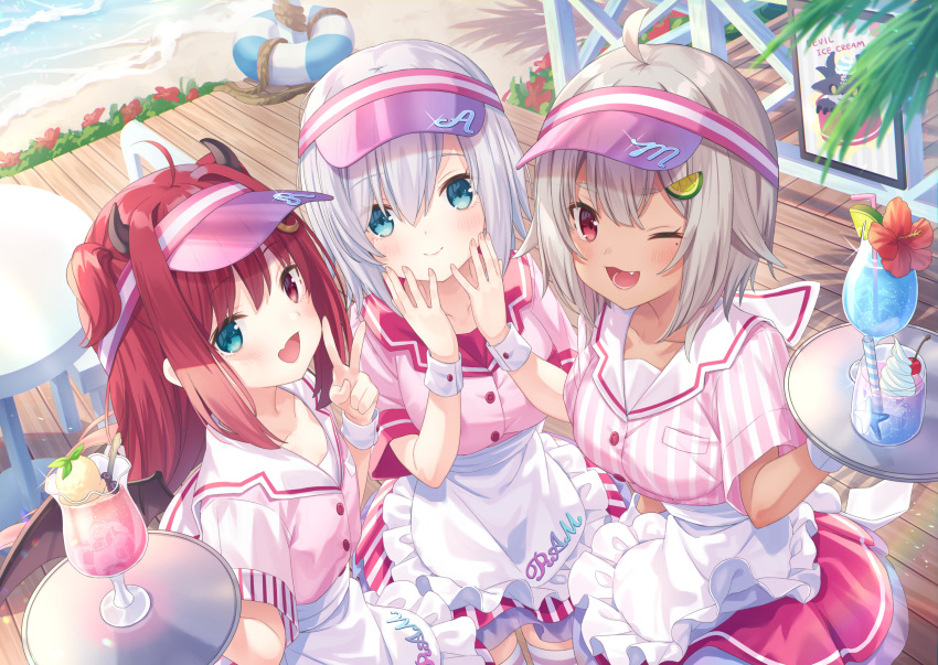 ars_almal bicolored_eyes dark_skin demon drink hayama_marin horns jimmy nijisanji oerba_yun_fang short_hair waitress wink yuzuki_roa