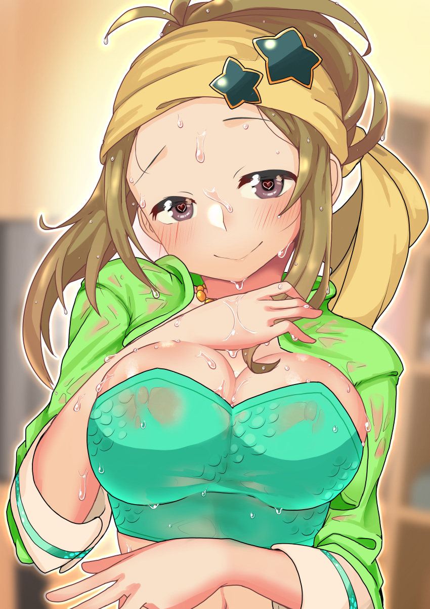 absurdres blurry blurry_background blush breasts brown_hair check_commentary collarbone commentary commentary_request costume crop_top dripping female forehead green_jacket hand_on_own_chest head_tilt heart heart-shaped_pupils highres idolmaster idolmaster_cinderella_girls jacket jewelry kurushima_gire large_breasts looking_at_viewer manabe_itsuki midriff_peek navel necklace open_clothes open_jacket purple_eyes see-through smile solo sweat sweaty_clothes symbol-shaped_pupils upper_body very_sweaty wet wet_clothes wet_hair