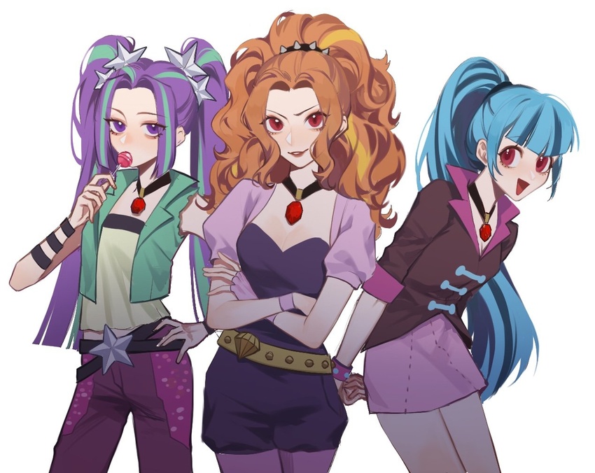 3girls adagio_dazzle adagio_dazzle_(human) aria_blaze aria_blaze_(human) belt belt_buckle blue_hair blunt_bangs bracelet breasts buckle candy cleavage commentary cowboy_shot crossed_arms fingerless_gloves food gloves hair_ornament hand_on_own_hip jewelry leaning_forward lollipop looking_at_viewer miniskirt multicolored_hair multiple_girls my_little_pony my_little_pony:_equestria_girls my_little_pony:_friendship_is_magic necklace open_mouth orange_hair parted_lips pendant_choker personification ponytail purple_eyes purple_hair raised_eyebrow red_eyes sidelocks simple_background single_fingerless_glove skirt smile smirk sonata_dusk sonata_dusk_(human) spiked_bracelet spikes standing star_(symbol) star_hair_ornament streaked_hair twintails two_side_up white_background wristband xieyanbbb