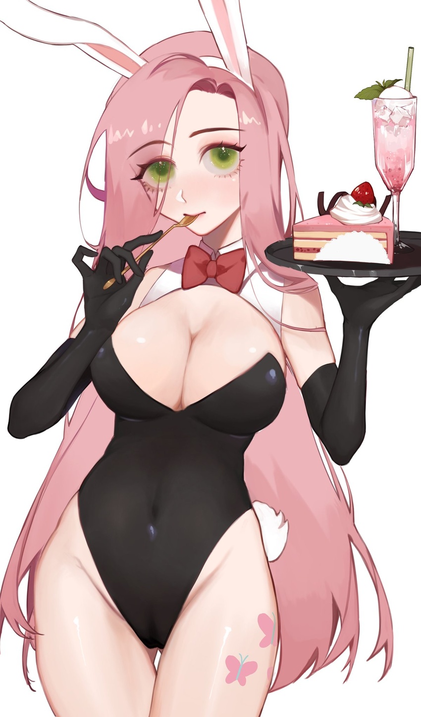 animal_ears ass_visible_through_thighs black_gloves black_leotard bow bowtie breasts cake cake_slice cameltoe cleavage cocktail cocktail_glass commentary covered_navel cowboy_shot cup cutie_mark detached_collar drink drinking_glass elbow_gloves fake_animal_ears fake_tail female fluttershy_(mlp) food fruit gloves green_eyes highres ice_cream ice_cream_float large_breasts leg_tattoo leotard long_hair mint my_little_pony my_little_pony:_friendship_is_magic personification pink_hair pink_theme playboy_bunny rabbit_ears rabbit_tail solo spoon strapless strapless_leotard strawberry strawberry_shortcake symbol-only_commentary tail tattoo tray whipped_cream xieyanbbb