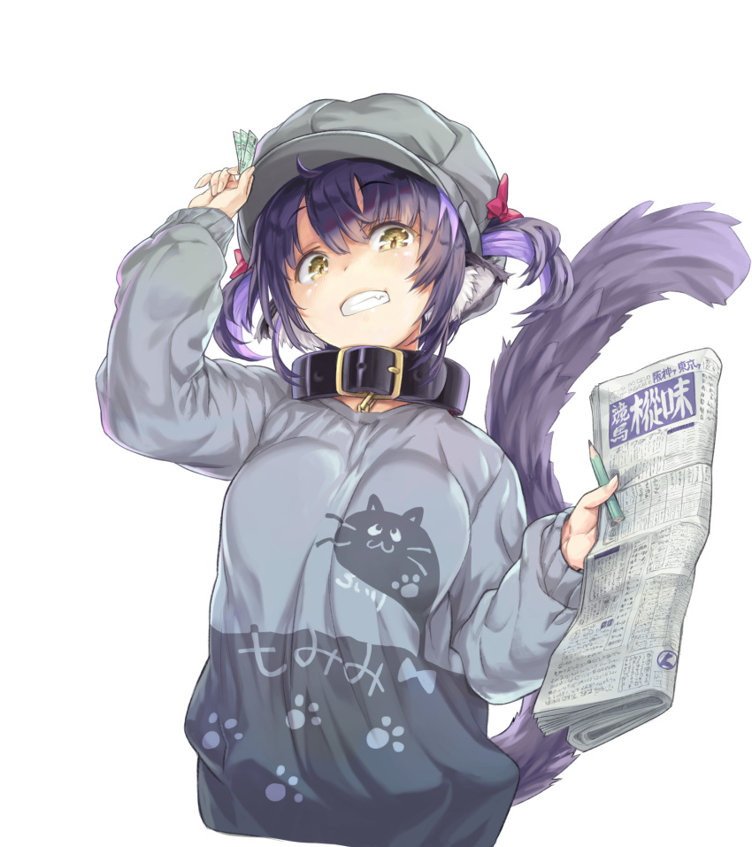 animal_ear_fluff animal_ears arm_up black_collar blush breasts cabbie_hat clenched_teeth collar commentary_request female grey_hat grey_shirt hair_between_eyes hair_through_headwear hat highres holding indie_virtual_youtuber kiyama_satoshi kuroike_momimi long_sleeves looking_at_viewer medium_breasts newspaper pen puffy_long_sleeves puffy_sleeves purple_hair shirt simple_background sleeves_past_wrists solo tail tail_raised teeth twintails virtual_youtuber white_background yellow_eyes