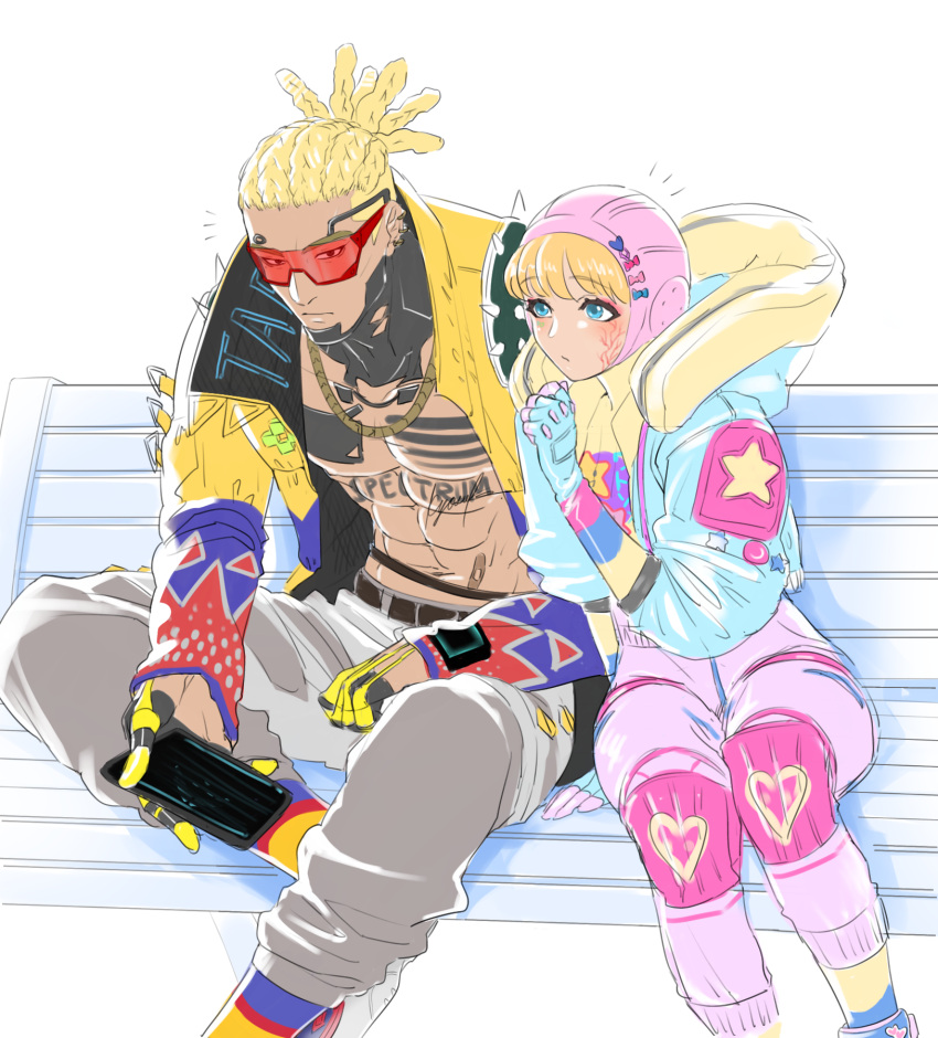 1boy abs animification apex_legends bailian bandaid_on_stomach blonde_hair blue_eyes blue_hair blue_jacket blush bodysuit brown_eyes chains chest_tattoo cornrows crypto_(apex_legends) female gold_chain highres holding holding_tablet_pc hood hooded_jacket hype_beast_crypto jacket kawaii_voltage_wattson looking_to_the_side navel pectorals pink_bodysuit pink_headwear scar scar_on_cheek scar_on_face smile straight sunglasses surprised tablet_pc tattoo tied_hair wattson_(apex_legends) yellow_jacket