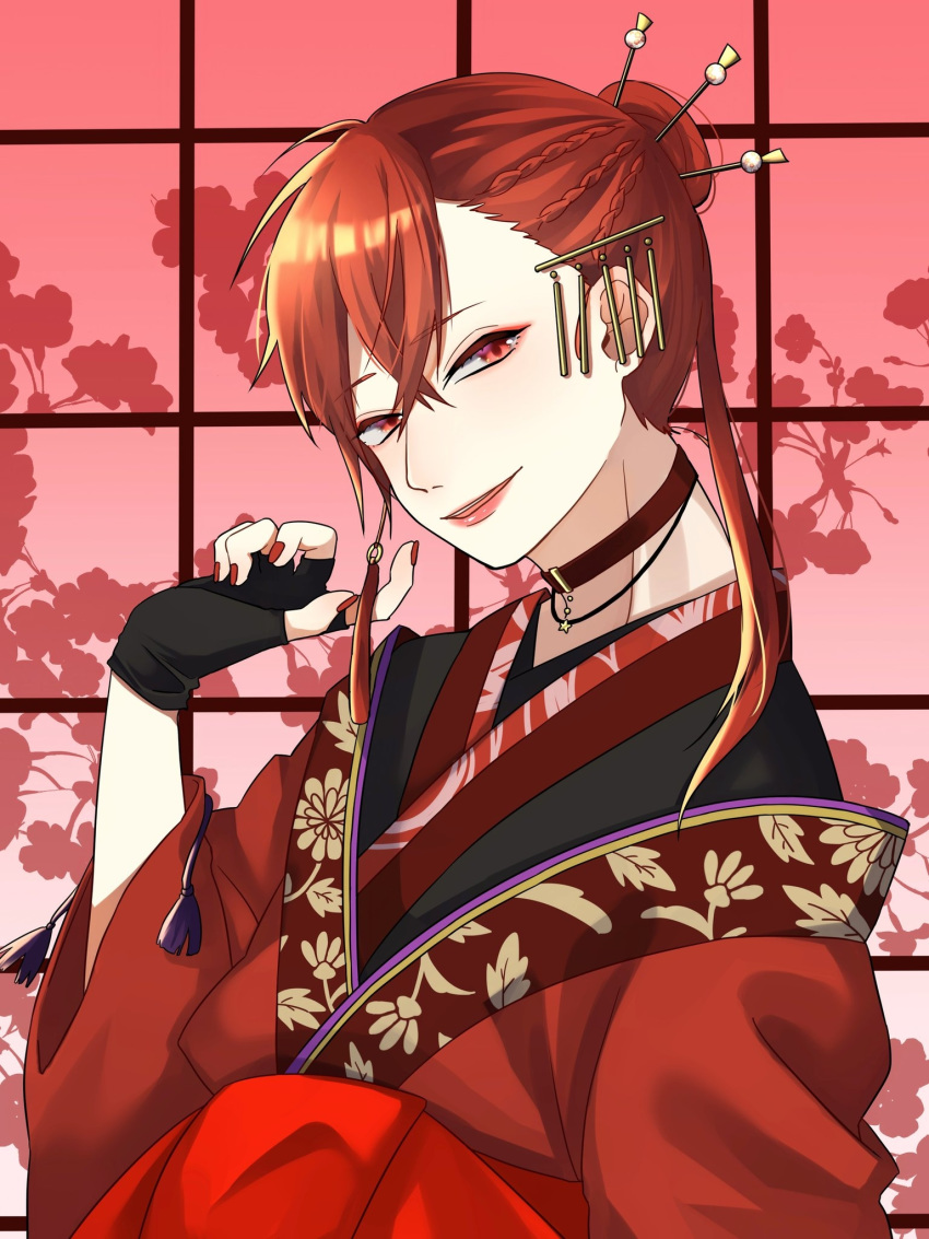 1boy aho_no_sakata black_gloves braid choker commentary_request earrings fingerless_gloves furi08283370 gloves hair_between_eyes hair_bun hair_ornament hair_stick hand_up highres indoors jewelry long_hair male_focus red_eyes red_hair seductive_smile single_hair_bun smile solo upper_body urashimasakatasen utaite