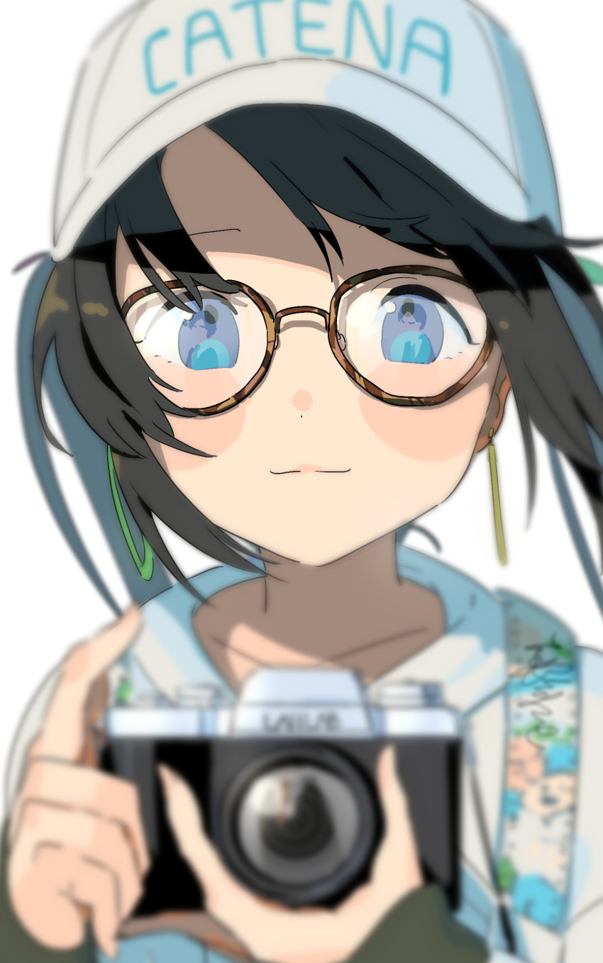 baseball_cap black_hair blue_eyes blurry blurry_foreground blush_stickers camera collarbone commentary_request earrings female glasses hat highres holding holding_camera hood hood_down hoodie hoop_earrings idolmaster idolmaster_shiny_colors jewelry kakuzato looking_at_viewer mitsumine_yuika reflection simple_background sleeves_past_wrists strap swept_bangs twintails upper_body white_background white_hoodie