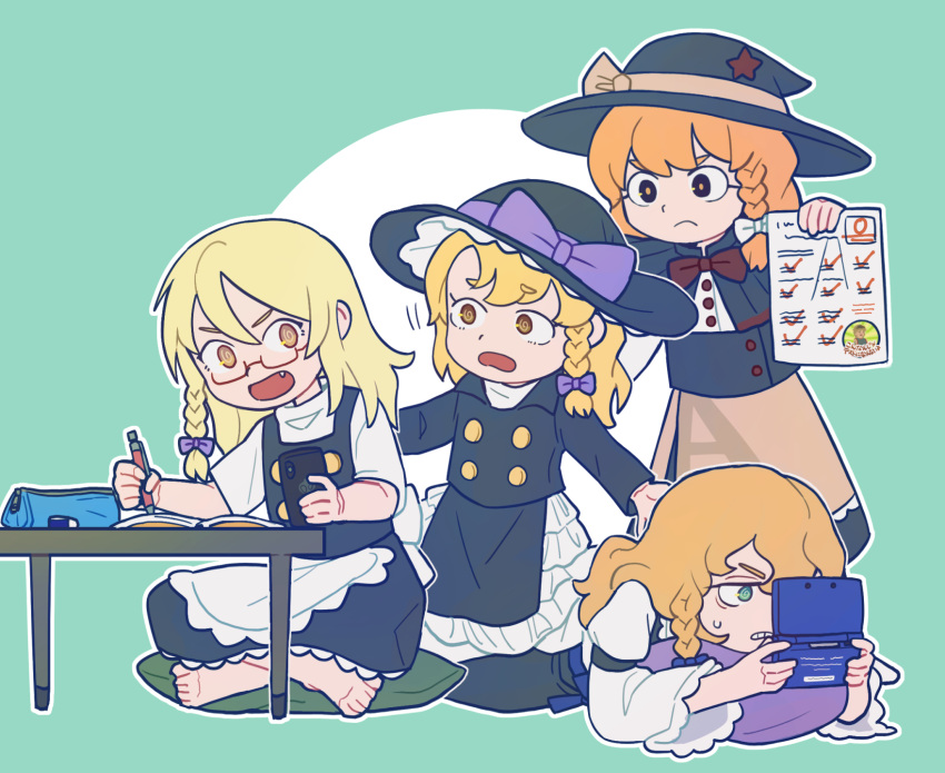 4girls @_@ azusa_(cookie) black_coat black_headwear black_skirt black_vest blonde_hair bow bowtie braid brown_eyes buttons closed_mouth coat commentary_request cookie_(touhou) frilled_hat frilled_skirt frilled_sleeves frills frown full_body glasses green_eyes hairbow handheld_game_console hat hat_ornament highres hita_(hizokuseikogeki) holding holding_paper holding_pen holding_phone kirisame_marisa long_hair long_sleeves looking_at_another mars_(cookie) multiple_girls nintendo_3ds oerba_yun_fang open_mouth orange_hair paper partial_commentary pen pencil_case petticoat phone purple_bow red-framed_eyewear red_bow red_bowtie red_star rei_(cookie) semi-rimless_eyewear side_braid single_braid sitting skirt standing star_(symbol) star_hat_ornament touhou under-rim_eyewear uzuki_(cookie) vest witch_hat writing