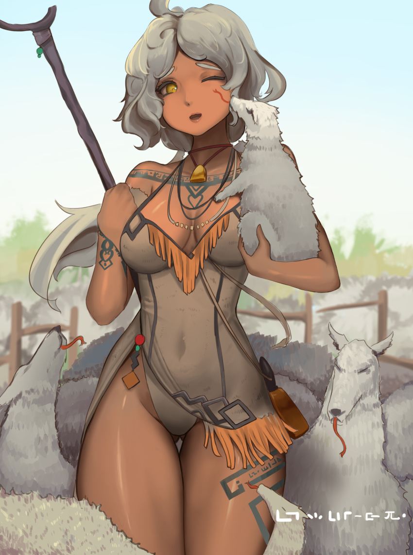 absurdres ahoge alternate_eye_color animal arm_tattoo bad_id bad_pixiv_id bare_shoulders blurry breasts breasts_apart charm_(object) commentary cowboy_shot dark-skinned_female dark_skin day depth_of_field dress dumi_(liangzi_tai_hongcha) fantasy female fence forked_tongue fringe_trim geometric_pattern grey_dress grey_hair grey_leotard highres holding holding_animal holding_staff jewelry language_request leg_tattoo leotard liangzi_tai_hongcha licking licking_another's_cheek licking_another's_face lips long_tongue low_ponytail multiple_necklaces narrow_waist navel necklace off-shoulder_dress off_shoulder one_eye_closed open_mouth original outdoors runes shepherd shoulder_tattoo side_slit solo staff strap tattoo thigh_gap thighs tongue translation_request tribal tribal_tattoo yellow_eyes