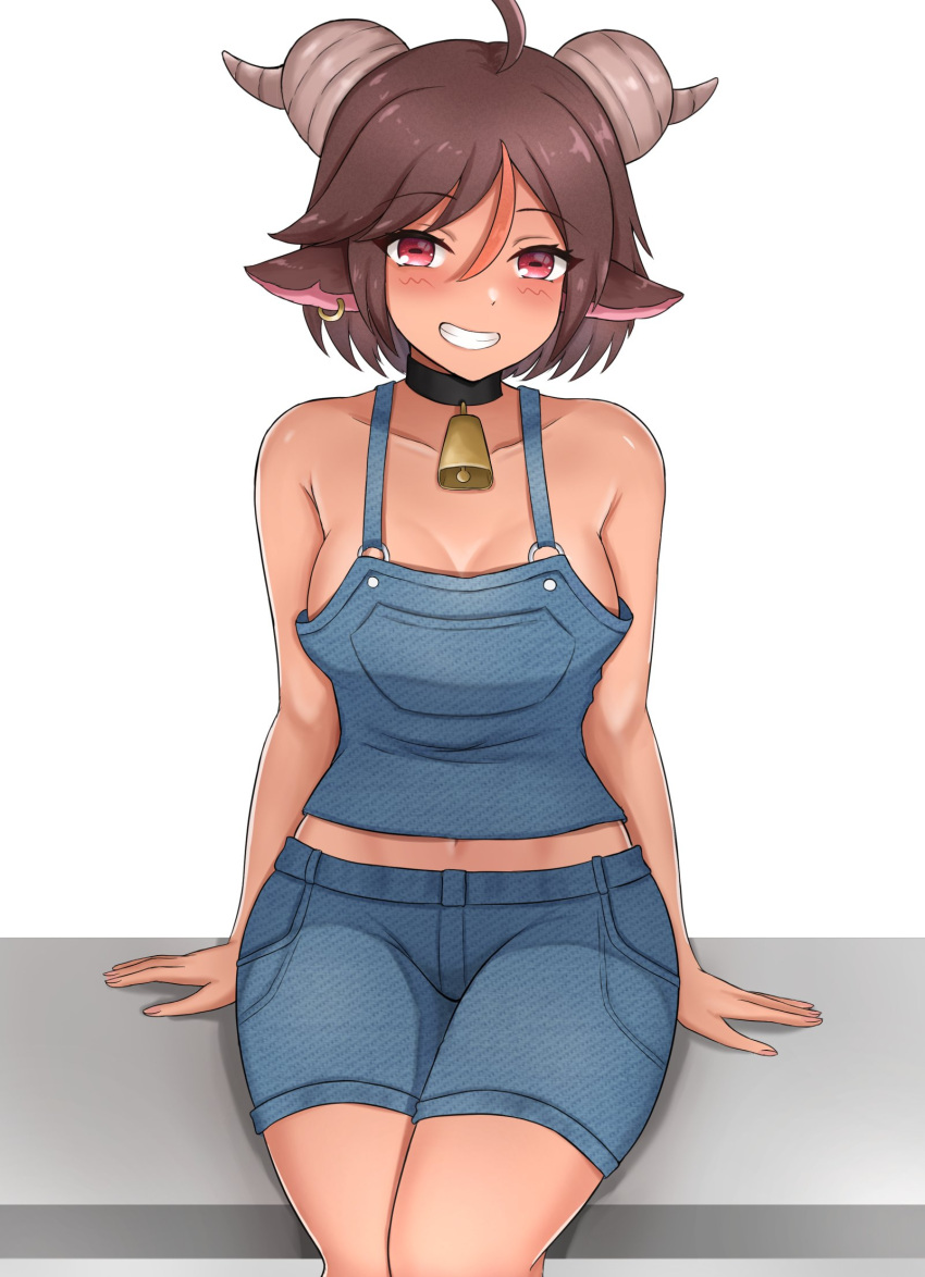 ahoge arm_support bell blush breasts brown_hair collarbone commentary dark-skinned_female dark_skin denim denim_shorts english_commentary female grin highres horizontal_pupils horns looking_at_viewer medium_breasts navel neck_bell original parted_lips red_eyes short_hair shorts sitting sleeptopi smile solo teeth