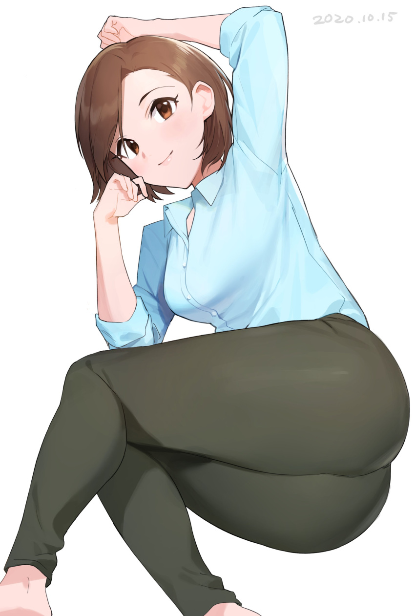 absurdres arm_up ass blue_shirt blush breasts brown_eyes brown_hair closed_mouth collared_shirt dated dress_shirt feet_out_of_frame female green_pants highres idolmaster idolmaster_cinderella_girls long_sleeves looking_at_viewer lying medium_breasts mizuki_seira on_side onao pants shirt short_hair simple_background smile solo white_background