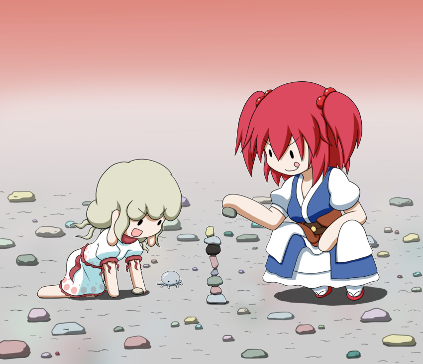 2girls :d :q all_fours barefoot blonde_hair chibi commentary dress ebisu_eika gradient_background grey_background hair_between_eyes hair_bobbles hair_ornament jellyfish layered_dress long_earlobes multiple_girls okobo onozuka_komachi open_mouth puffy_short_sleeves puffy_sleeves rakugaki-biyori red_background red_footwear red_hair rock rock_balancing sandals shadow short_hair short_sleeves smile solid_oval_eyes squatting stacking tabi tongue tongue_out touhou two_side_up v-shaped_eyebrows white_dress